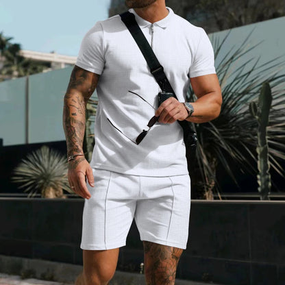 Heren comfortabel wafelpolo shirt met korte mouwen en shorts set - ademende lichtgewicht lente/zomerkleding