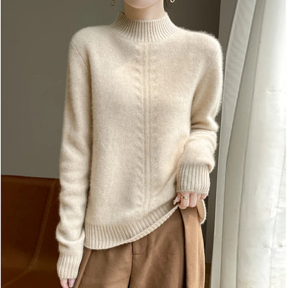 2025 Hemp Pattern Half Turtleneck Women's Woolen Sweater Autumn and Winter Warm 100% Wool Sweater Pure Color Comfort Pullover
