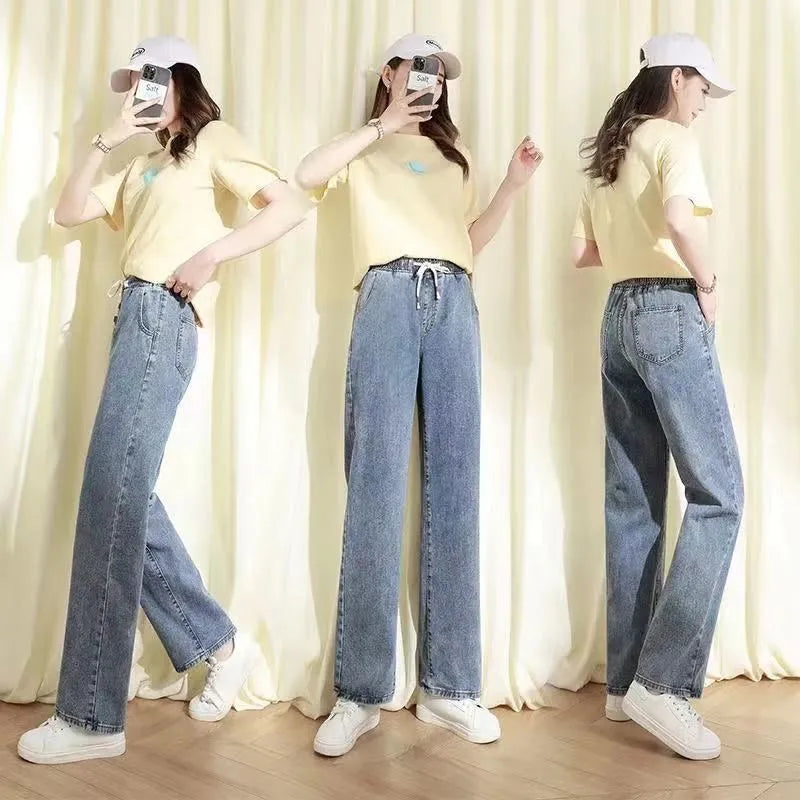 Talie înaltă cu talie lată drept tăiat drept de culoare elastică elastică blugi din denim pentru dimensiuni de dimensiuni de plus studenți tata sle pantaloni casual