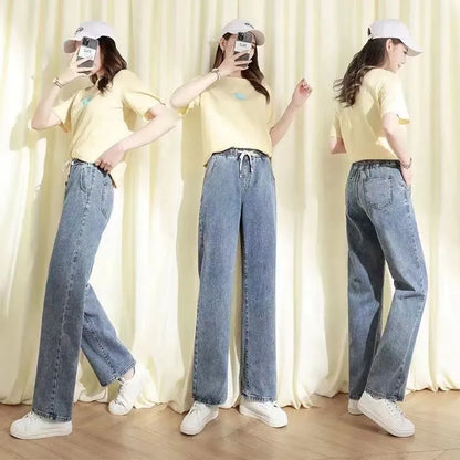 Talie înaltă cu talie lată drept tăiat drept de culoare elastică elastică blugi din denim pentru dimensiuni de dimensiuni de plus studenți tata sle pantaloni casual