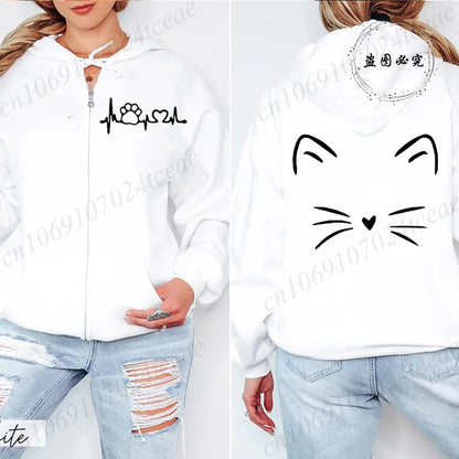 Women Zipper Hoodie Clothes Autumn Winter New Cute Cat Heatbeat Sweatshirt Hip Hop Streetwear Women Zip Up Jacket Coat Clothing
