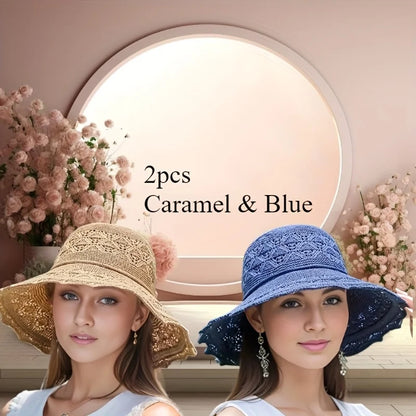 1pc/2pcs قبعة شمس سيدات أنيقة ، قبعة شاطئية قابلة للطي على نطاق واسع ، قابلة للغسل باليد ، صيف حافة سفر شمس قبعة شمس