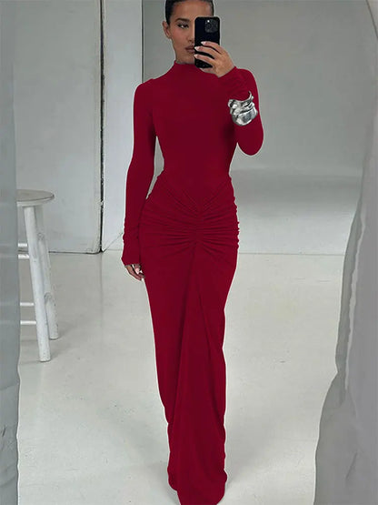 Podzimní ženy šaty nové streetwear solidní sexy módní záhyby o-krku dlouhé rukávy příležitostné štíhlé maxi šaty elegantní pletené šaty