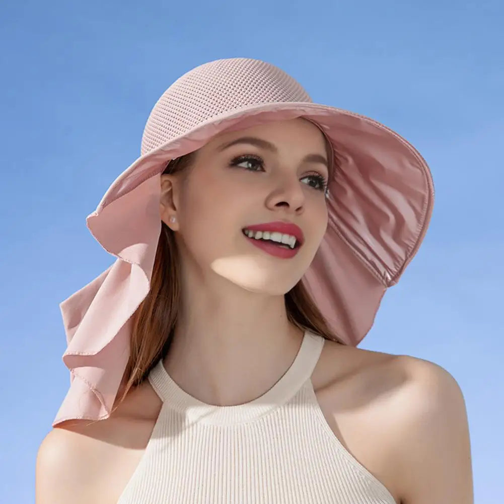 Summer Women Bucket Hat with Shawl Breathable Mesh Face Neck Protection Sun Hat Bow Pleat Wide Brim Hat Travel Beach Cap