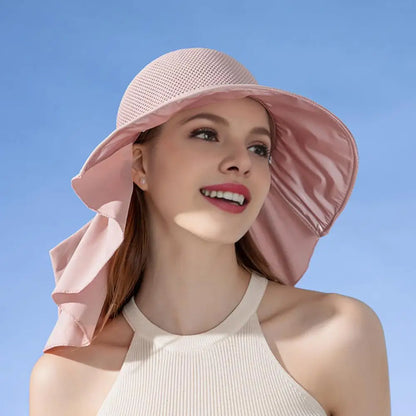 Summer Women Bucket Hat with Shawl Breathable Mesh Face Neck Protection Sun Hat Bow Pleat Wide Brim Hat Travel Beach Cap