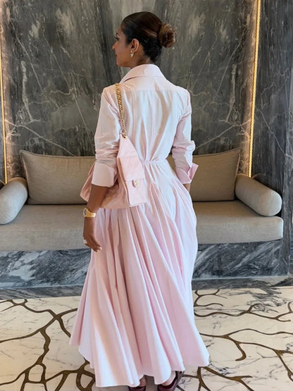 Elegant Solid Shirt Maxi Skirt Dress Set Women's Formal Long Sleeve Lapel Shirts A-line Skirts Loose Fit Office Female Outfit