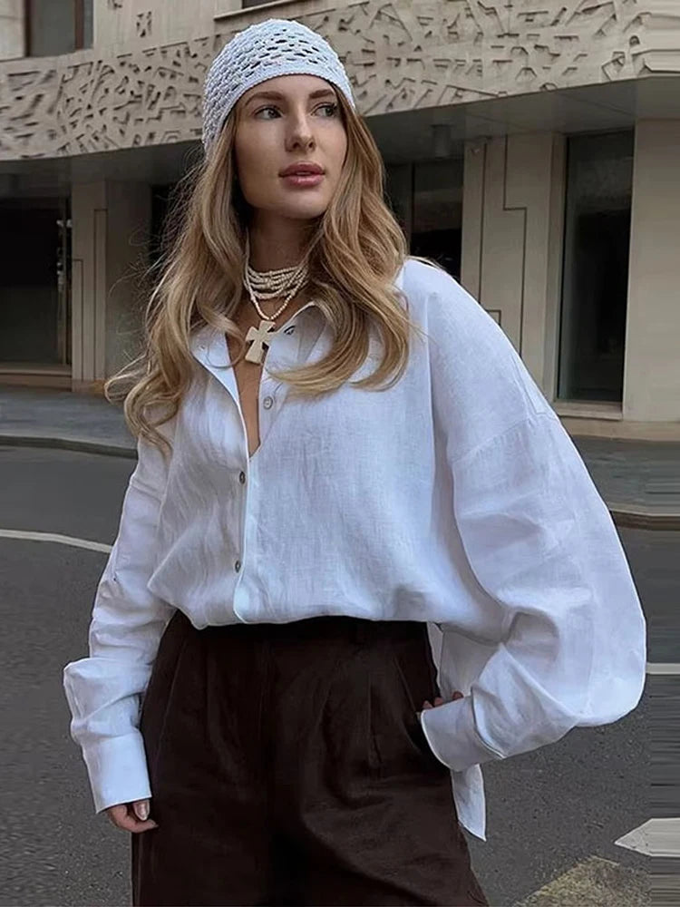 Fashion Loose Women's Shirts Long Sleeve Lapel Oversize Female Blouses 2025 Spring Summer Elegant Pink Cotton Linen Lady Shirts