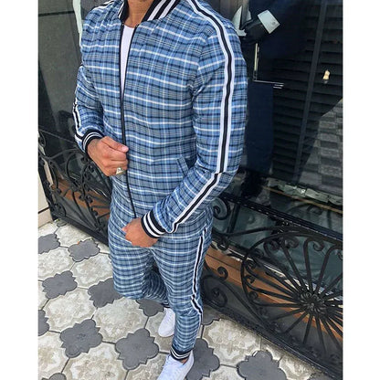 2025 Herbst Herum Männer Tracksuit 2pc Set Plaid Zipper Sweatshirt Jacke Langes Hosen Freigelegte Fitnessstudio Running Jogging Outfit Fleece Sportswear