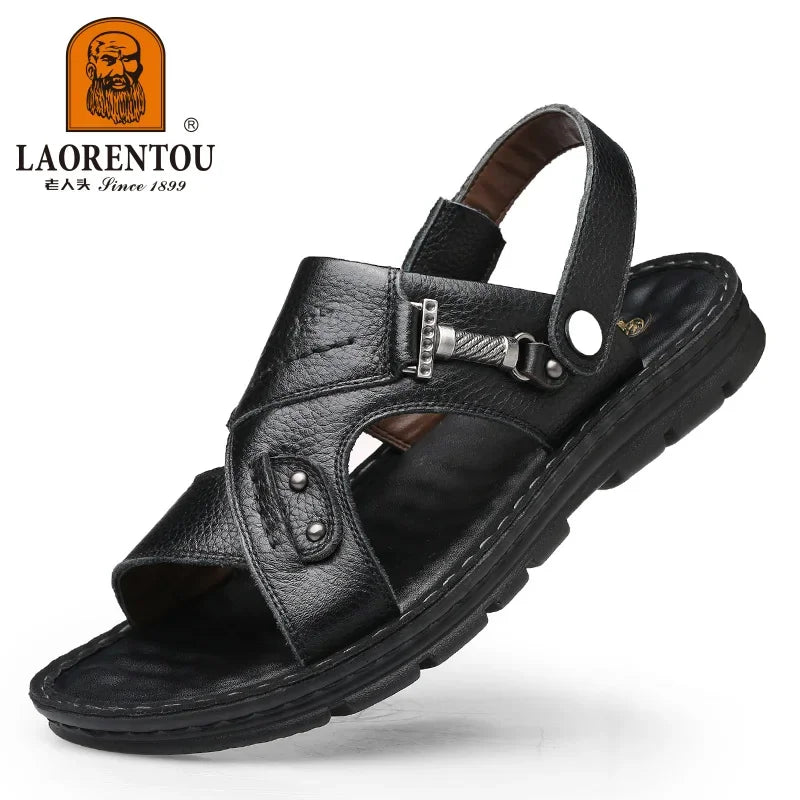 Laorentou lederen mannelijke sandalen casual strandschoenen dragen niet-slip sandalen en sliers koehide