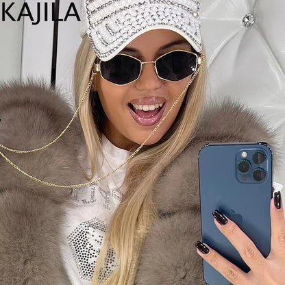 Sexy Small Frame Hexagon Sunglasses Women With Chain 2025 Luxury Brand Designer Punk Sun Glasses For Ladies Shades Gafas De Sol