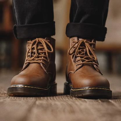 Maden vintage bruin gesplitst lederen high top laarzen mannen herfst en winter motorfiets werk veter ronde teen laarzen buiten enkelschoenen