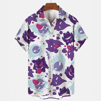 Pokemon Pikachu Gengar Snorlax Shirts floraux Men Femmes Short Short Sleeves Bouton Couple de pyjamas Set Trendy Beach Coat Anime