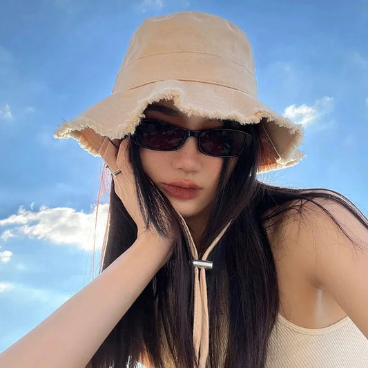 Women Solid Color Sunshade Bucket Hat Soft Cotton Tassel Brim Foldable Fisherman Cap Lady Girl Outdoor Beach Travel Sun Caps