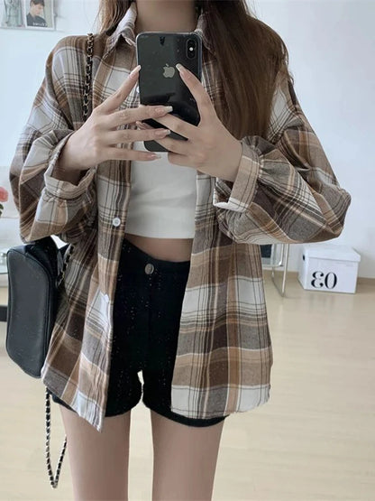 Koszula w kratę Kobiety jesienne długie rękawie Top żeńska moda moda pojedyncza piersi panie w stylu Preppy Style luźne koszule