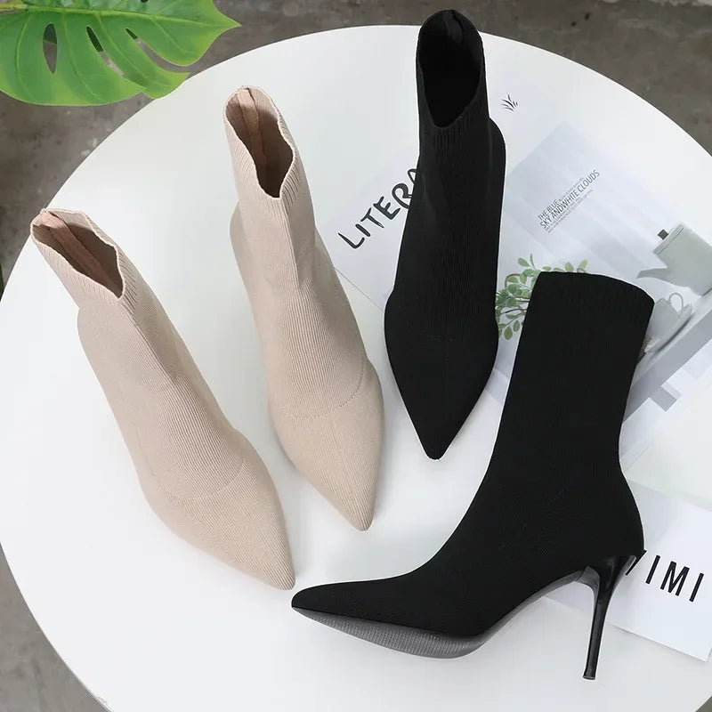 Stivali da calzino sexy stivali da allungamento a maglia tacchi alti per donne scarpe alla moda 2024 stivali caviglia autunno primaverili femminile