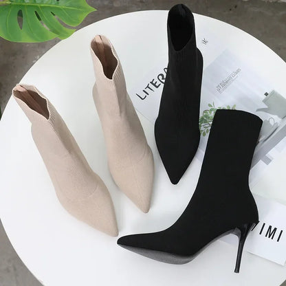 Stivali da calzino sexy stivali da allungamento a maglia tacchi alti per donne scarpe alla moda 2024 stivali caviglia autunno primaverili femminile