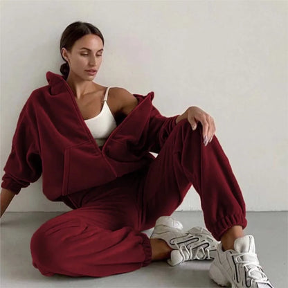 Frjálslegur konur Polar Fleece Hoodie Two Piece Sets Fashi