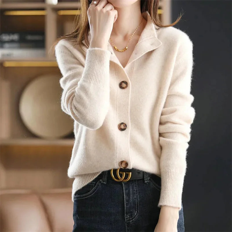 Autumn Winter New Stand collar Knitted Cardigan Solid Loose Short Jacket Women's Korean version Long sleeved Sweater Casual top