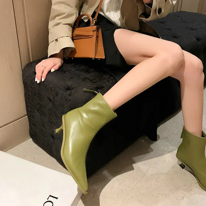 QUTAA 2025 Fashion Women Ankle Boots Sexy Autumn Winter Pointed Toe High Heels Genuine Leather Casual Black Shoes Size 34-43