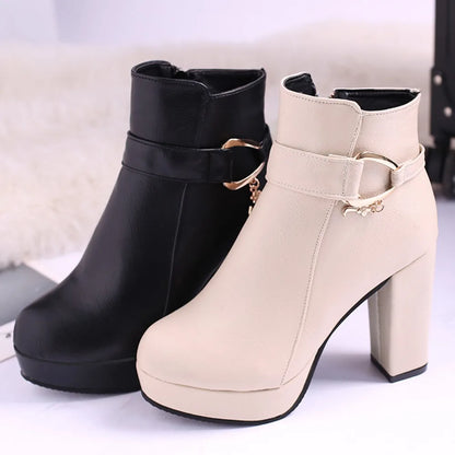 Fashion Ankle Boots Solid Color Round Head Side Zipper Design Autumn Winter Women's Fashion High Heeled Ankle Boot Size 32-43