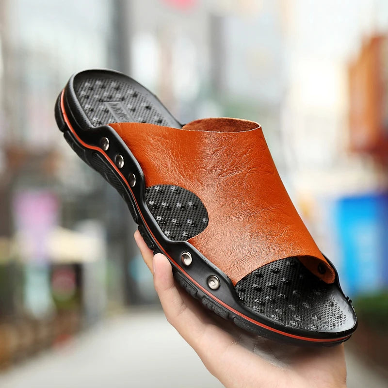 Zomer mannen slippers echt lederen ademende klompen sandalen strand klassiekers lederen glijbanen buiten slippers plus size heren schoen