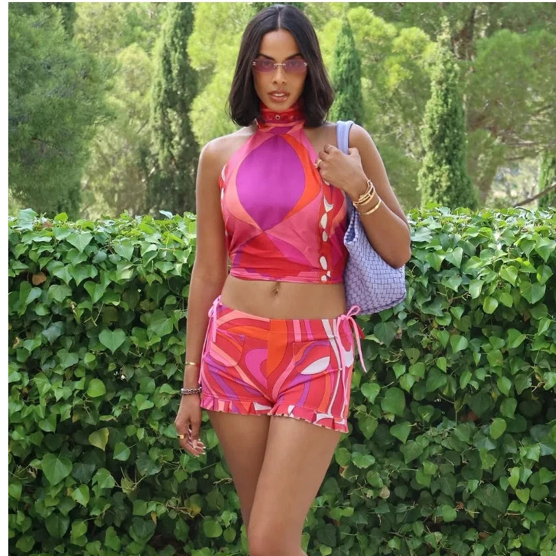 Skriv ut oregelbundna kvinnors korta kjoldräkter halter spetsar upp backless ärmlös tank topp hög midja set sommar lady strand kläder