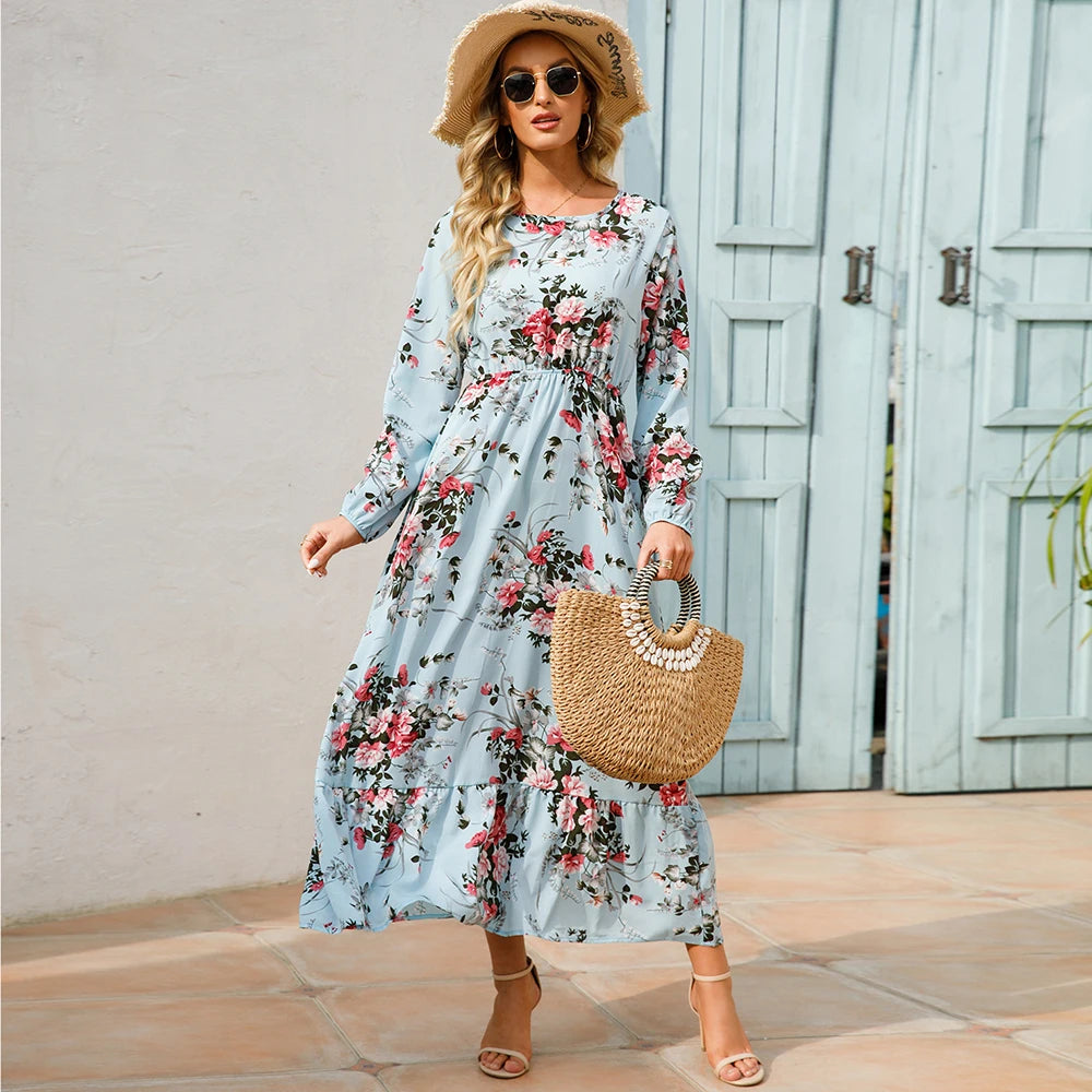 2023 Sping Summer Women Boemian Women maxi Casual cu mânecă lungă cu talie înaltă plajă de plajă rochii de șifon vestdoe florale mujer nou
