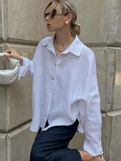 Fashion Loose Women's Shirts Long Sleeve Lapel Oversize Female Blouses 2025 Spring Summer Elegant Pink Cotton Linen Lady Shirts