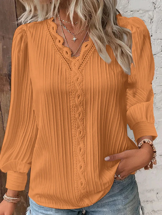 Elegant Summer Hollow Lace Patchwork Women Tricou Chic Bluză v gât Cămașă cu mânecă lungă Dantelă simplă Casual Casual de bază Regulari de bază