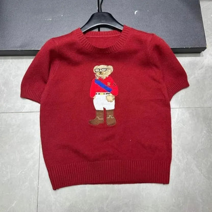 Eurooppalainen tyylinen luksusbrändi löysä O-kaula-aukkoa Pullover Tops Neule Woman Lyhythihainen T-paita Ladies Wooleulottu villapaita