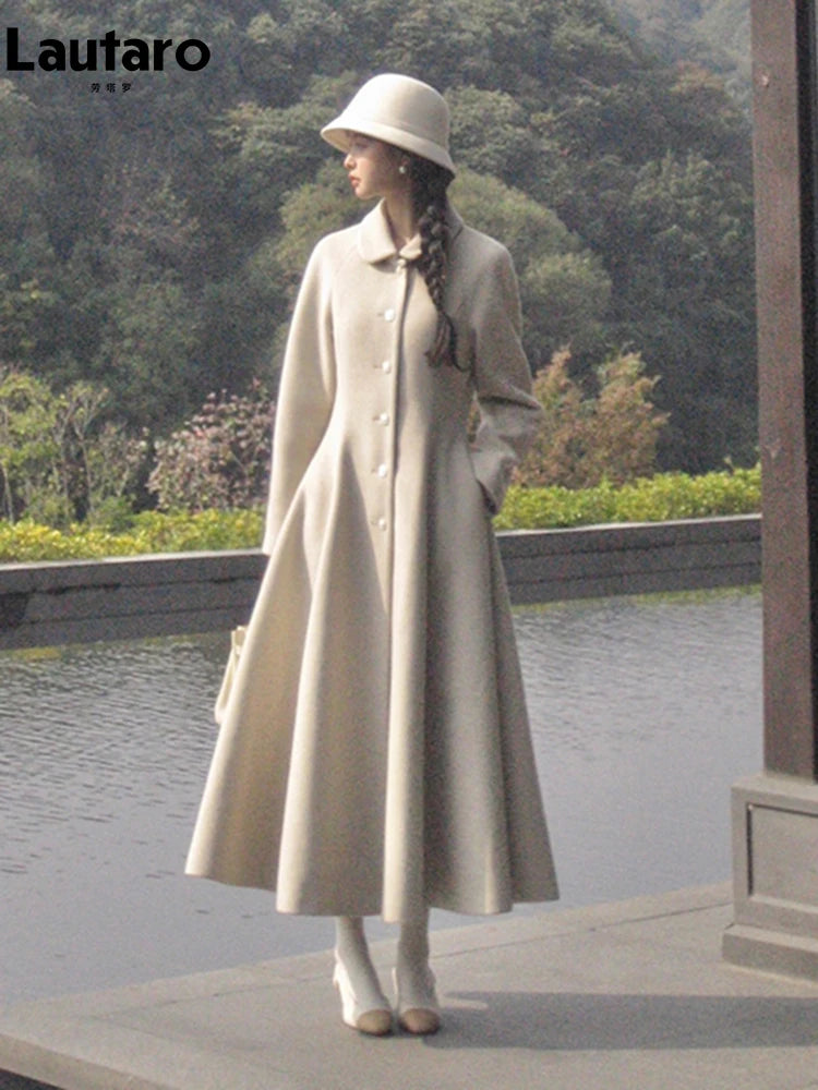 Lautaro Winter Long Wool & blends Coat for Women Chic Luxury Elegant High Quality Womans Clothing Skirted Woolen Overcoat 2024