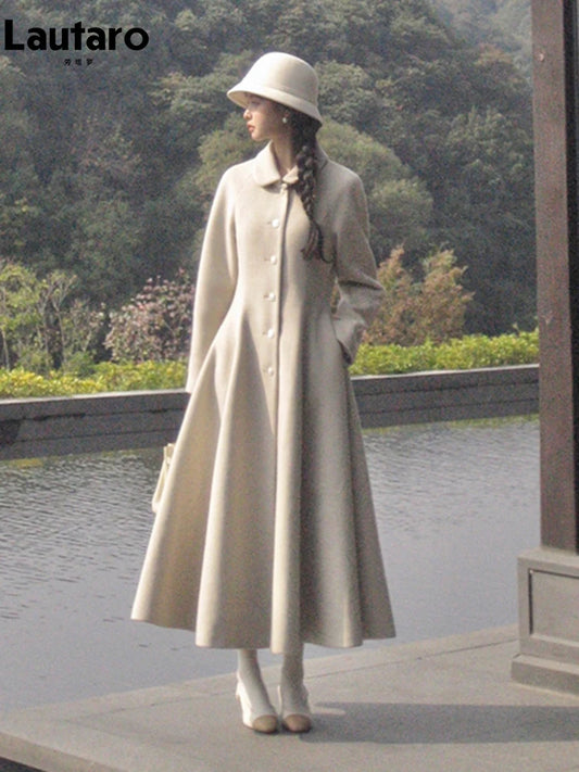 Lautaro Winter Long Wool & blends Coat for Women Chic Luxury Elegant High Quality Womans Clothing Skirted Woolen Overcoat 2024
