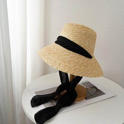 2024 Summer Straw Hat Beach Hat Women's Seaside Sun Hat Vacation Bow Ribbon Flat Top Big Brim Straw Hat praia 모자