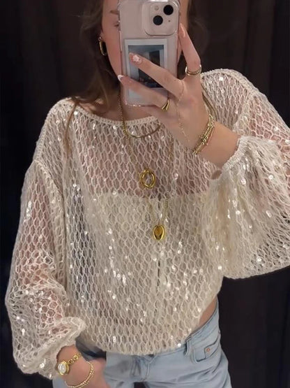 Sequins holur út pullovers konur frjálslegur laus kringl