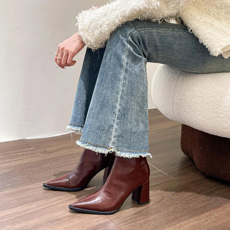 Pointed Toe Women Ankle Boots Fashion Elegant Soft Leather Shoes Thick Heel Women's Modern Short Booties
