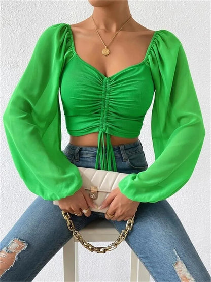2024 Spring Summer New Sexy V-neck Chiffon Drawstring Lantern Sleeve Tight Fashion Sexy Short Style Waist Long Sleeve Shirt Top