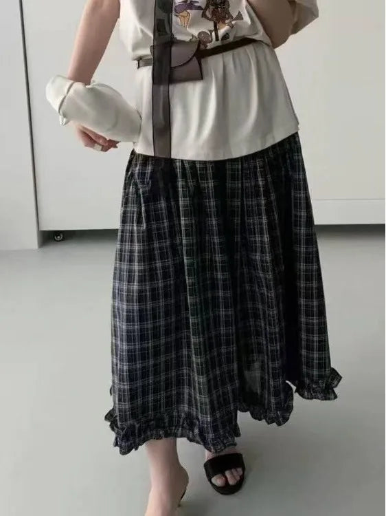 Retro Bla Plaid High Waist A-Line Midi Skirt Women's Summer New Sle Full Skirt Hem Lace Trim Umbrella Skirt