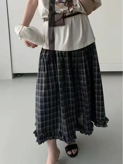 Retro Bla Plaid High Waist A-Line Midi Skirt Women's Summer New Sle Full Skirt Hem Lace Trim Umbrella Skirt