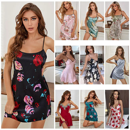 Sexy Sleepwear Women V-neck Sleep Dress Satin Spaghetti Strap Nightgown Nightdress Lingerie Women Nightwear Kimono Bath Gown