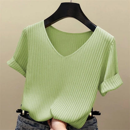 Bluse kvinner blusas mujer de moda verano kort erme bluse v-hals strikket bluse skjorte topper kvinner blusas df4907