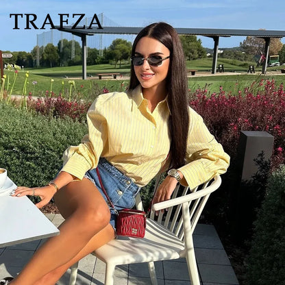 Trafza 2025 vor sumar smjör gult röndótt konur lausar skyrtur tískan