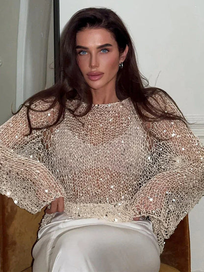 Sequins Hollow Out Pullovers Women Loose O-neck Long Sleeve Knit Sweaters Female 2025 Spring Shinny Chic Evening Shirts Lady