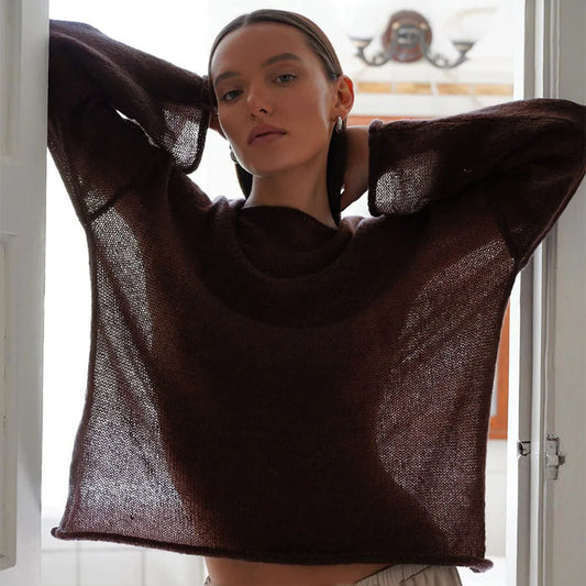 Talenza Hollow Knitted Sweater Pullover Women's Solid See-through O-Neck Long Sleeve Knitted T-Shirt Loose Casual Pullover 2025