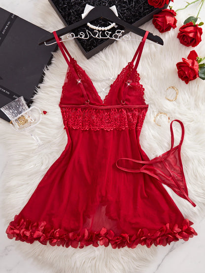 Sommer -Frauen -Pyjama sexy rote Dessous Nachtkleid Spitze durch Nachtnacht Nachteile elegante und sinnliche Unterwäsche Set