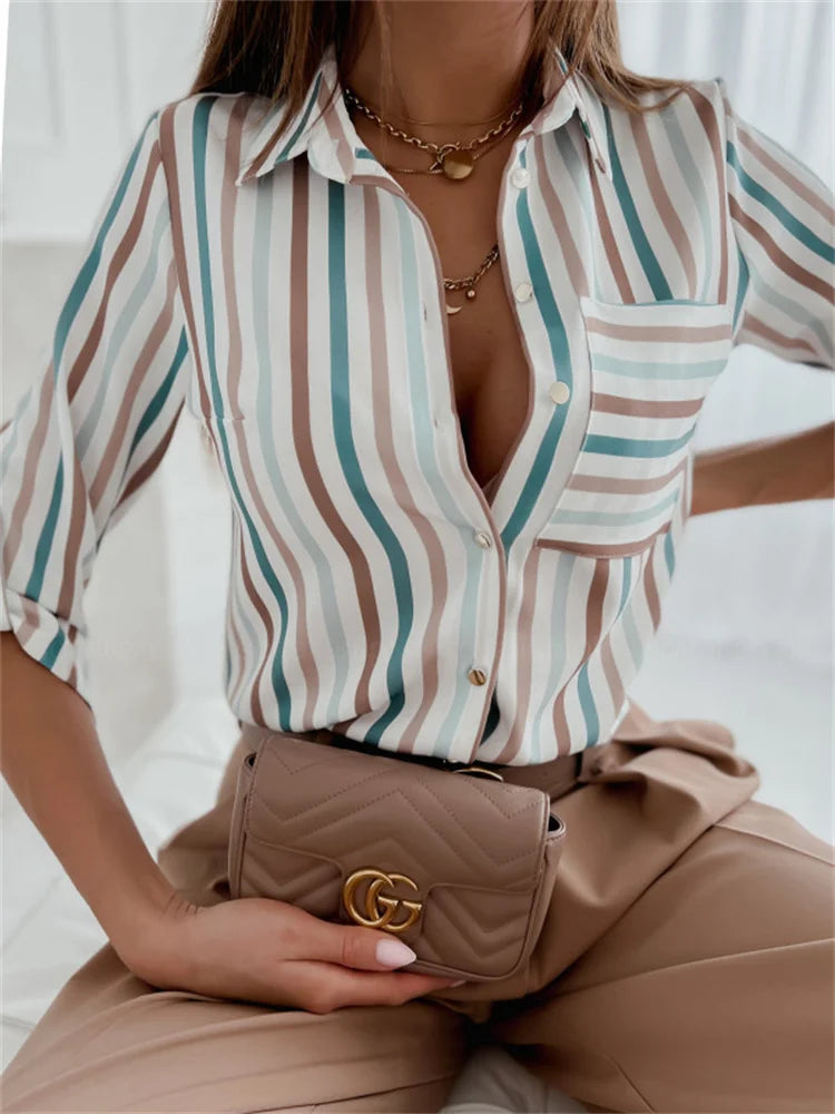 Bluză elegantă pentru femei 2023 Primăvara și toamna Temperament Top cu mânecă lungă cu mânecă de tipărire Oficiul Slim Fit Pocket Tricou