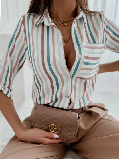 Bluză elegantă pentru femei 2023 Primăvara și toamna Temperament Top cu mânecă lungă cu mânecă de tipărire Oficiul Slim Fit Pocket Tricou