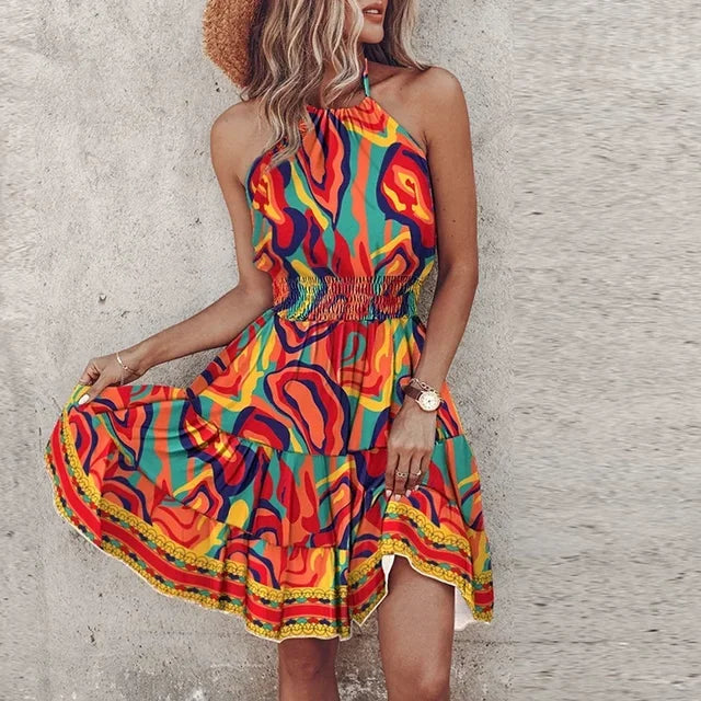 Summer Floral Print Mini Dress Women Sexy Halter Short Dresses For Women Casual Sleeveless  Beach Holiday Dress Boho Style Femme