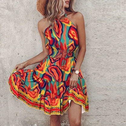 Summer Floral Print Mini Dress Women Sexy Halter Short Dresses For Women Casual Sleeveless  Beach Holiday Dress Boho Style Femme