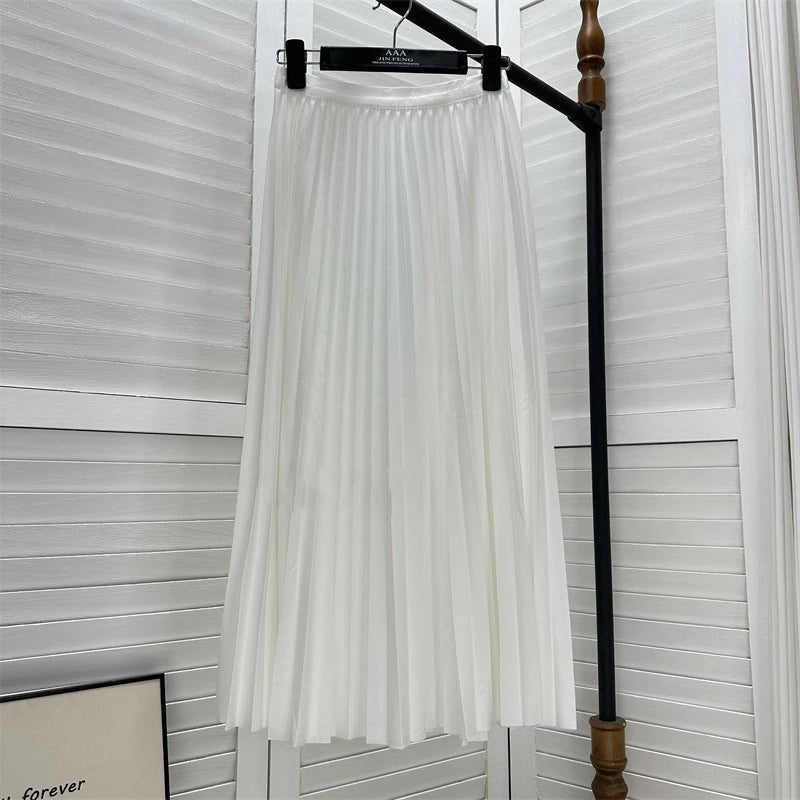 2024 Women Elegant Pleated Skirt High Waist Women Mid-long Skirt Female Ladies High Quality Women Midi Skirt Black Saia