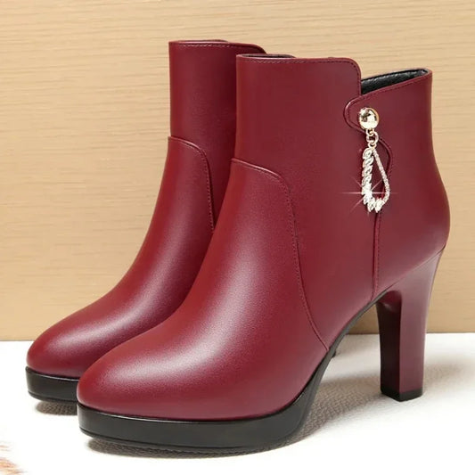 9 cm comodi tacchi a blocchi scarpe scarpe in pelle morbida inverno inverno 2024 stivali da neve alla caviglia con la caviglia